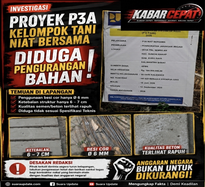 Proyek P3A Kelompok Tani Niat Bersama Disorot, Diduga Ada Pengurangan Bahan dan Mutu Pekerjaan